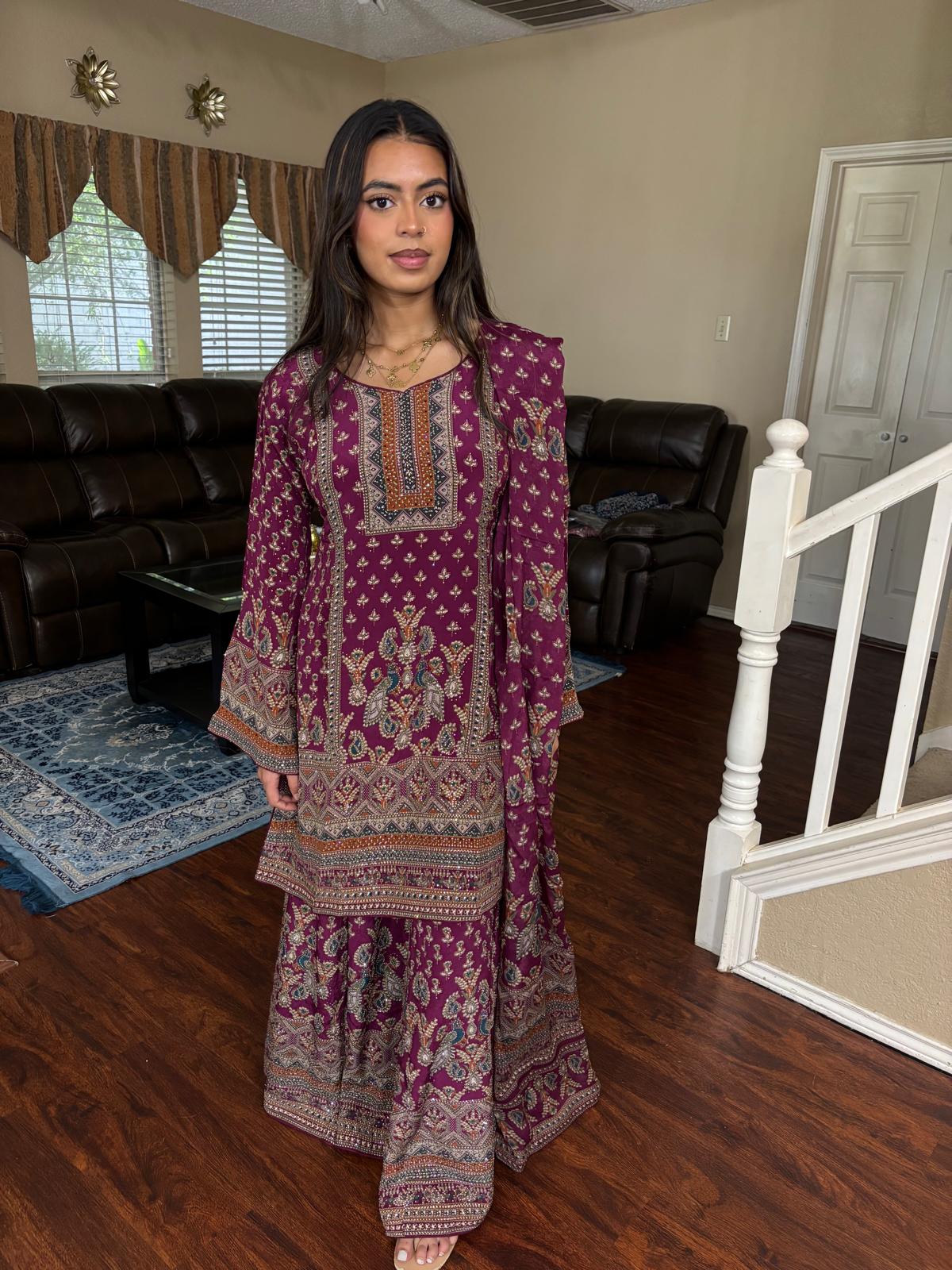 Magenta Digital Print Rhinestone Sharara Set