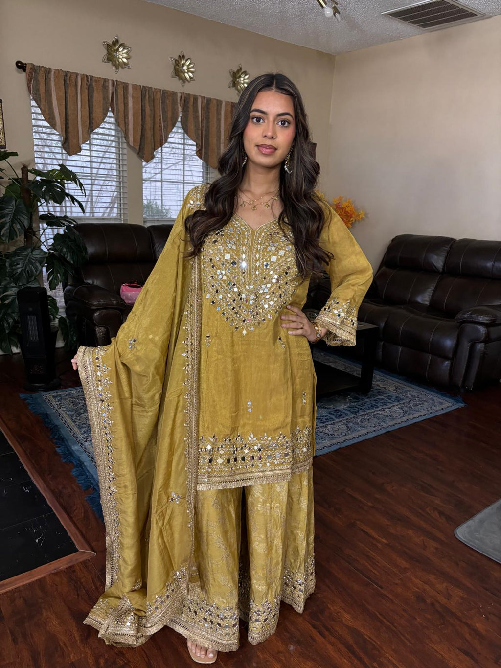Olive Gold Mirror Embellished Sharara Set