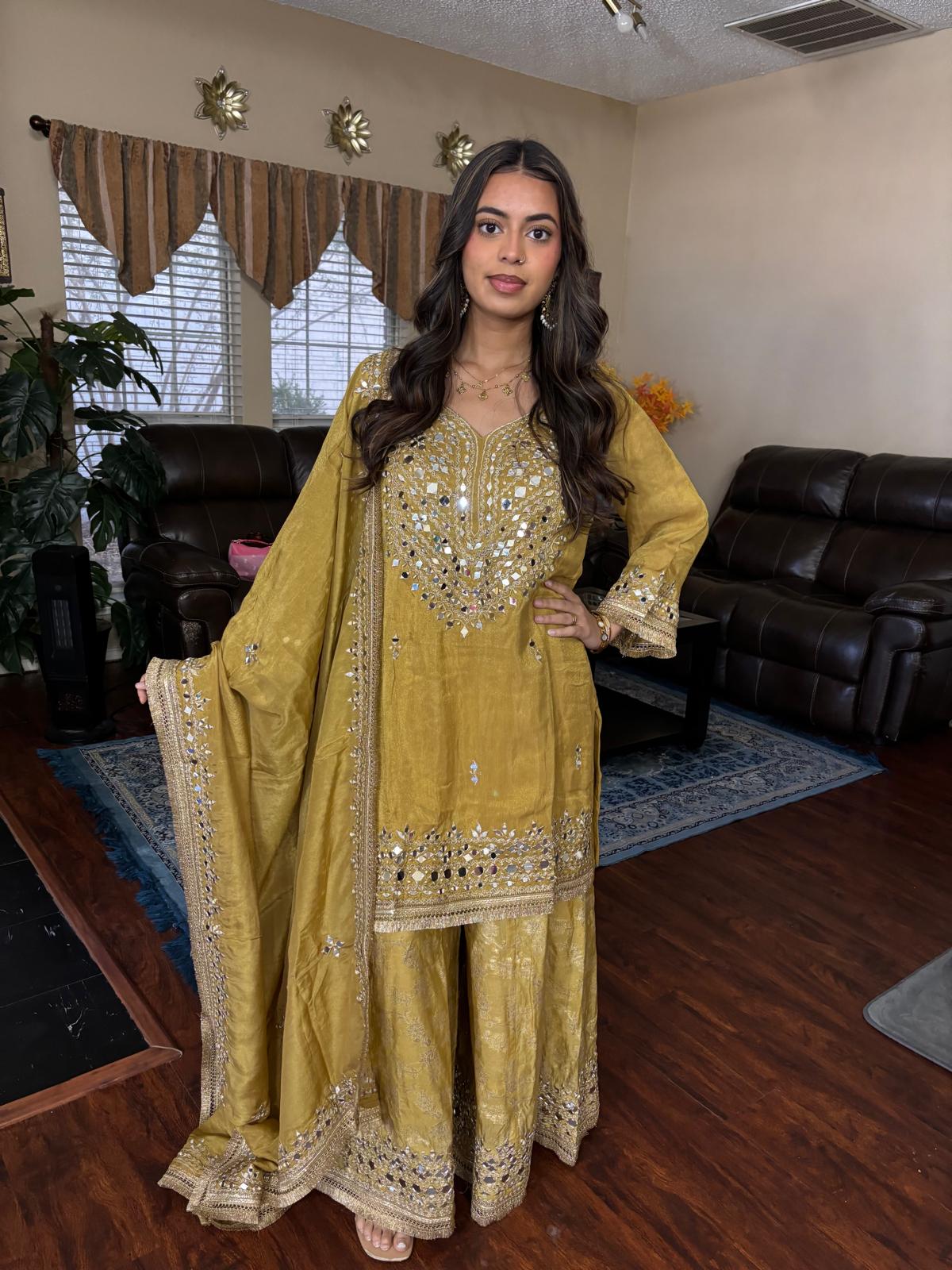 Olive Gold Mirror Embellished Sharara Set