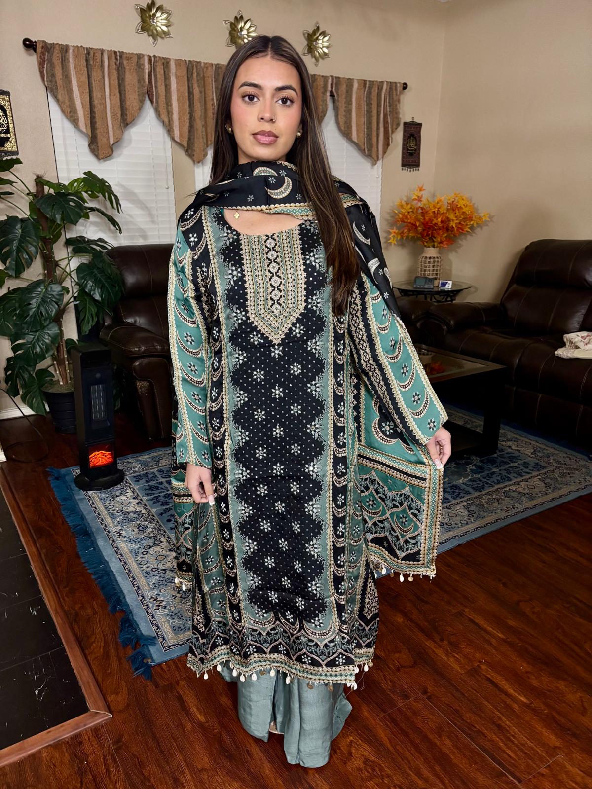 Black & Sage Ethnic Print A-Line Suit