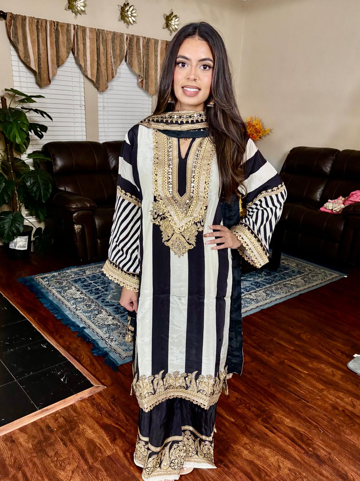 Black & Ivory Striped Embroidered Suit