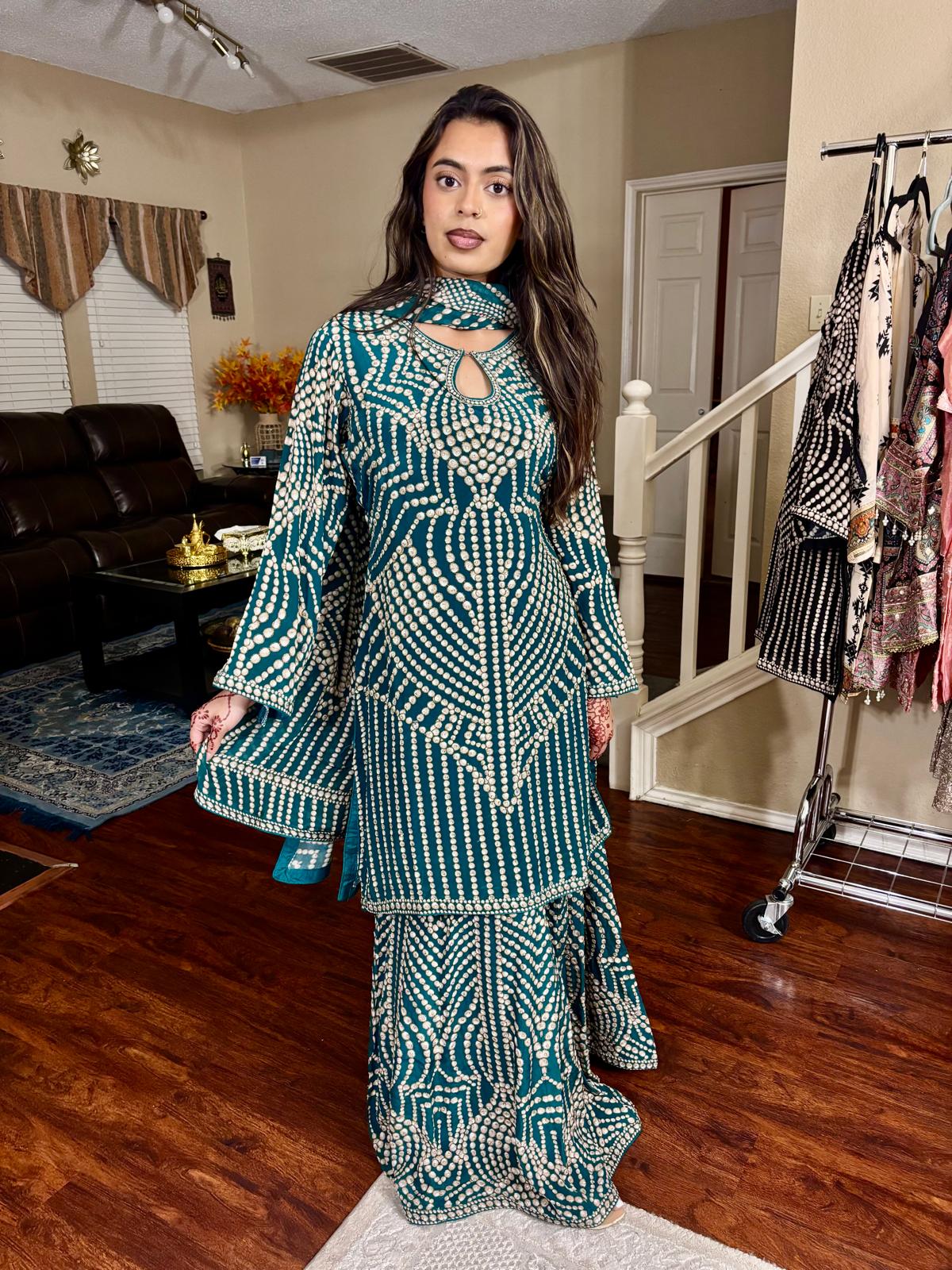 Teal & Ivory Embellished Sharara Set