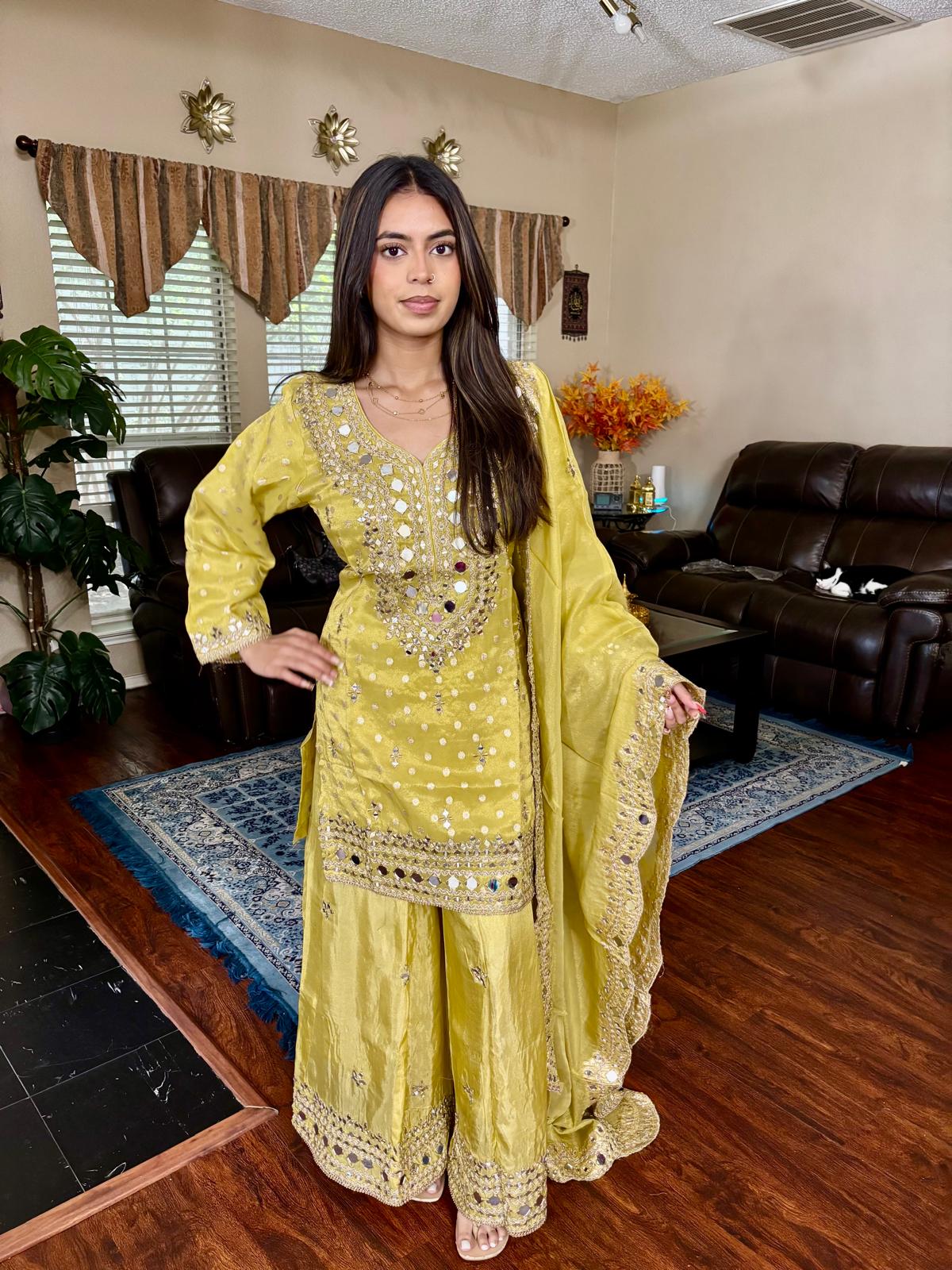 Chartreuse Mirror Embellished Sharara Set