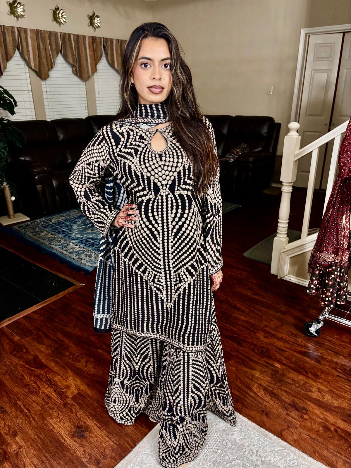Black & Ivory Embellished Sharara Set