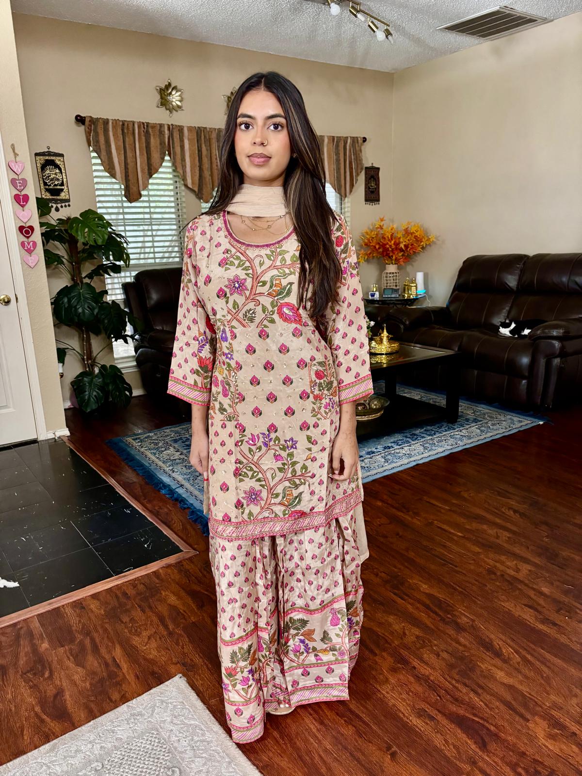 Beige Floral Print Cardana Sharara Suit