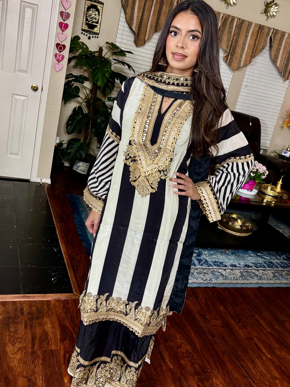 Black & Ivory Striped Embroidered Suit