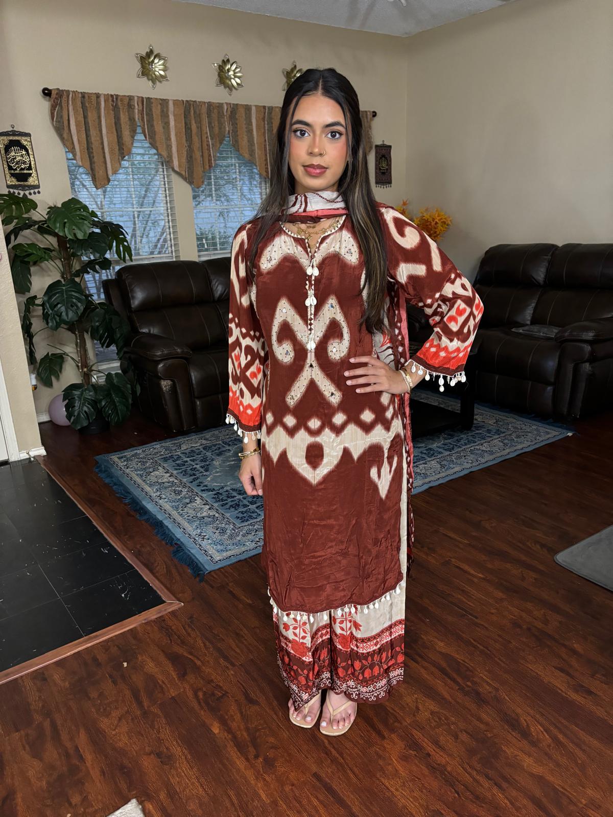 Rust Ikat Print Embroidered Plazzo Suit