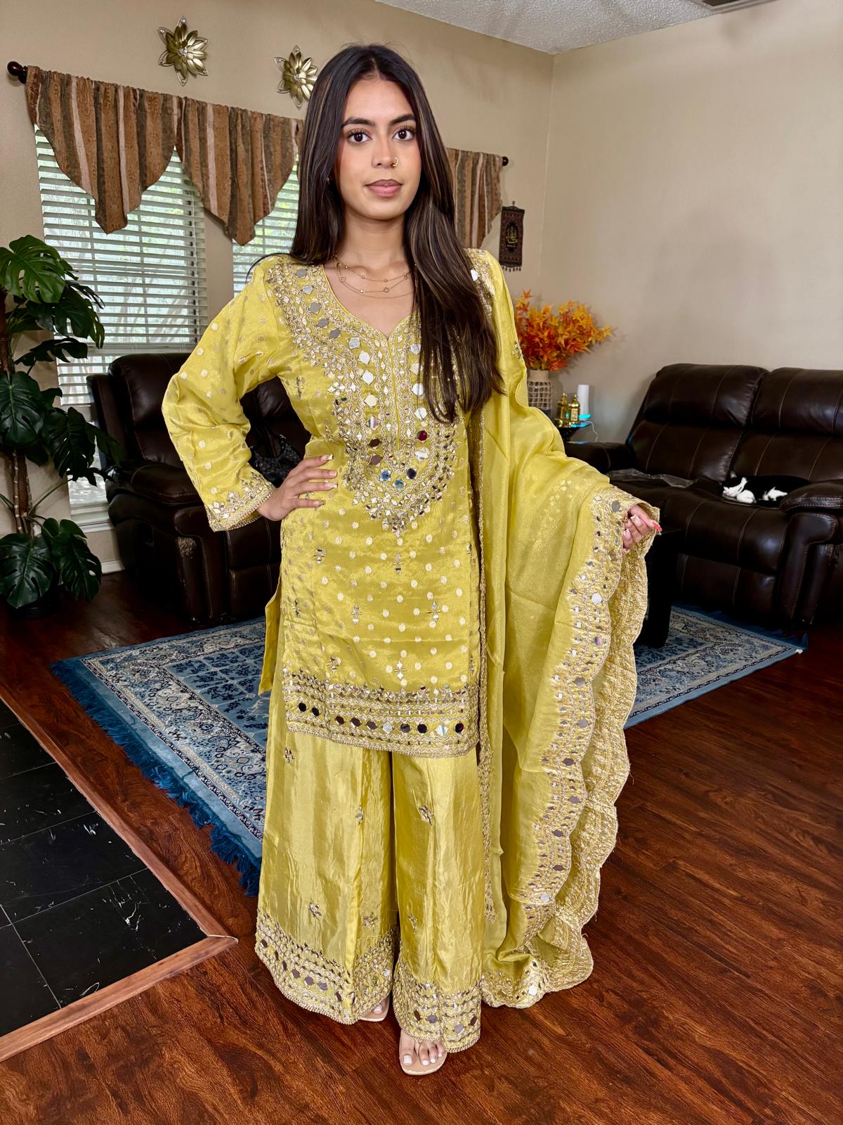 Chartreuse Mirror Embellished Sharara Set