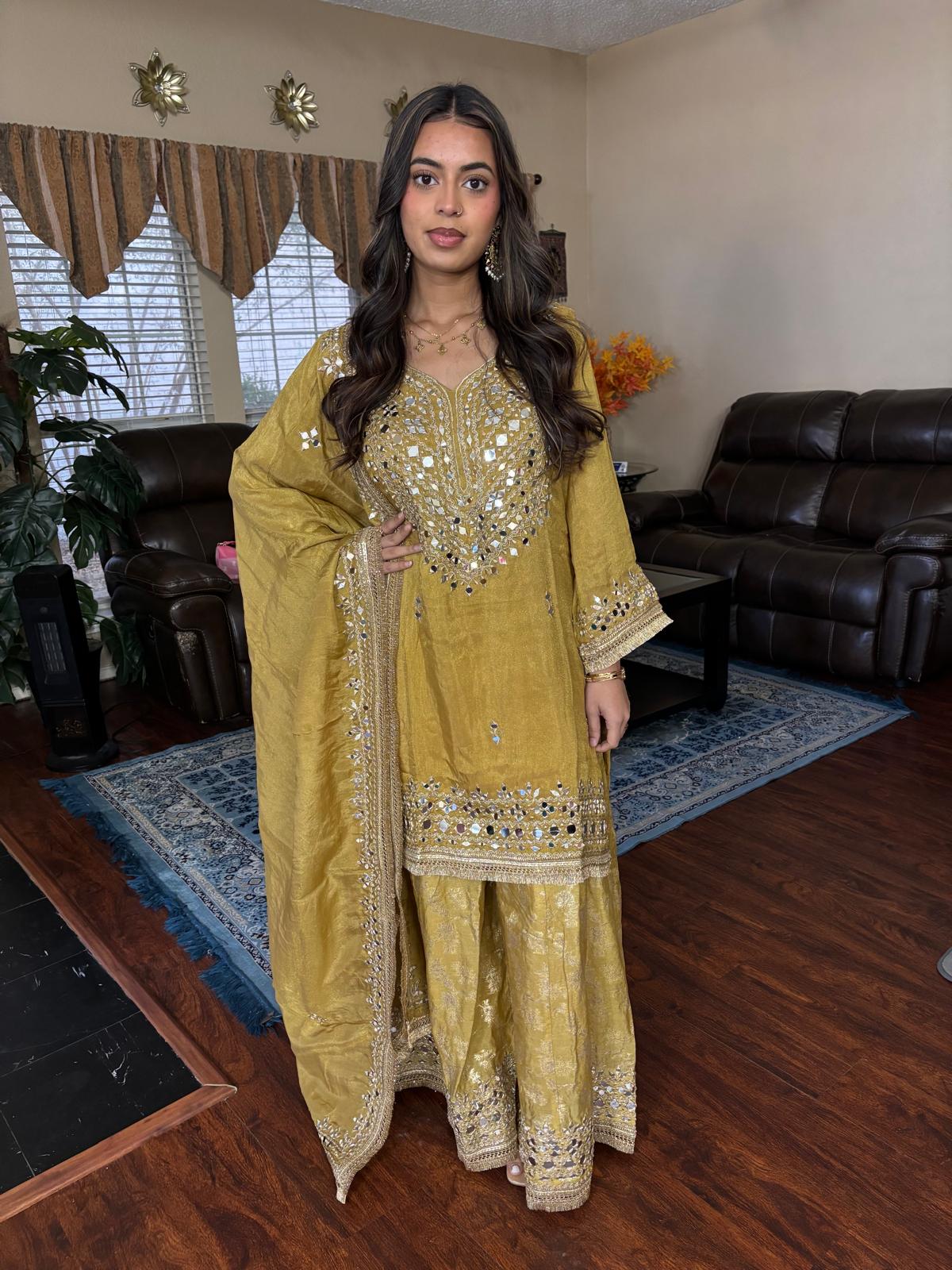Olive Gold Mirror Embellished Sharara Set