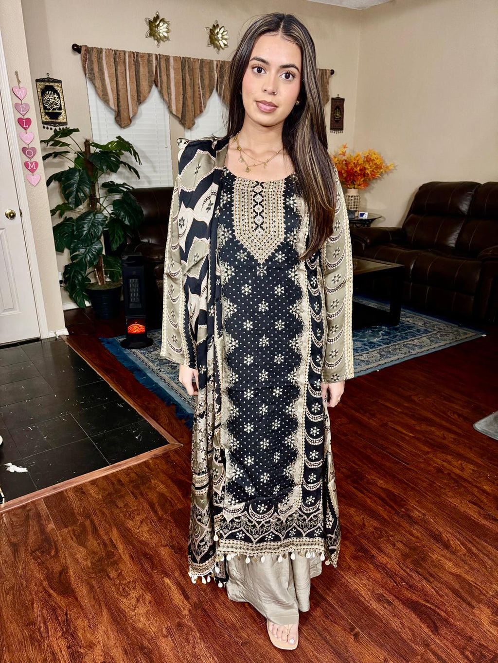 Black & Beige Ethnic Print A-Line Suit