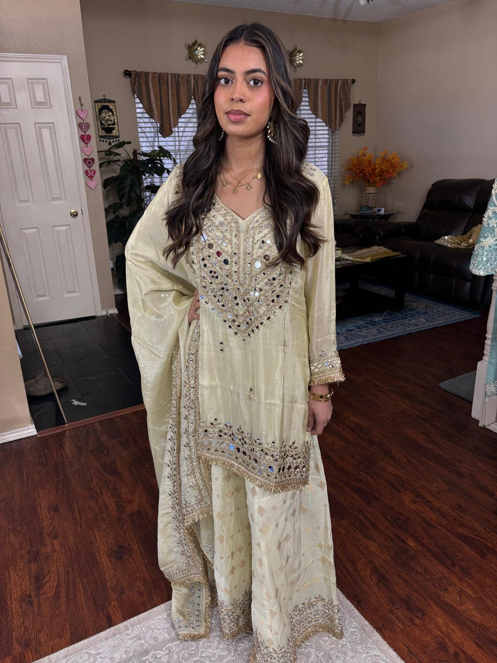 Pistachio Gold Mirror Embellished Sharara Set
