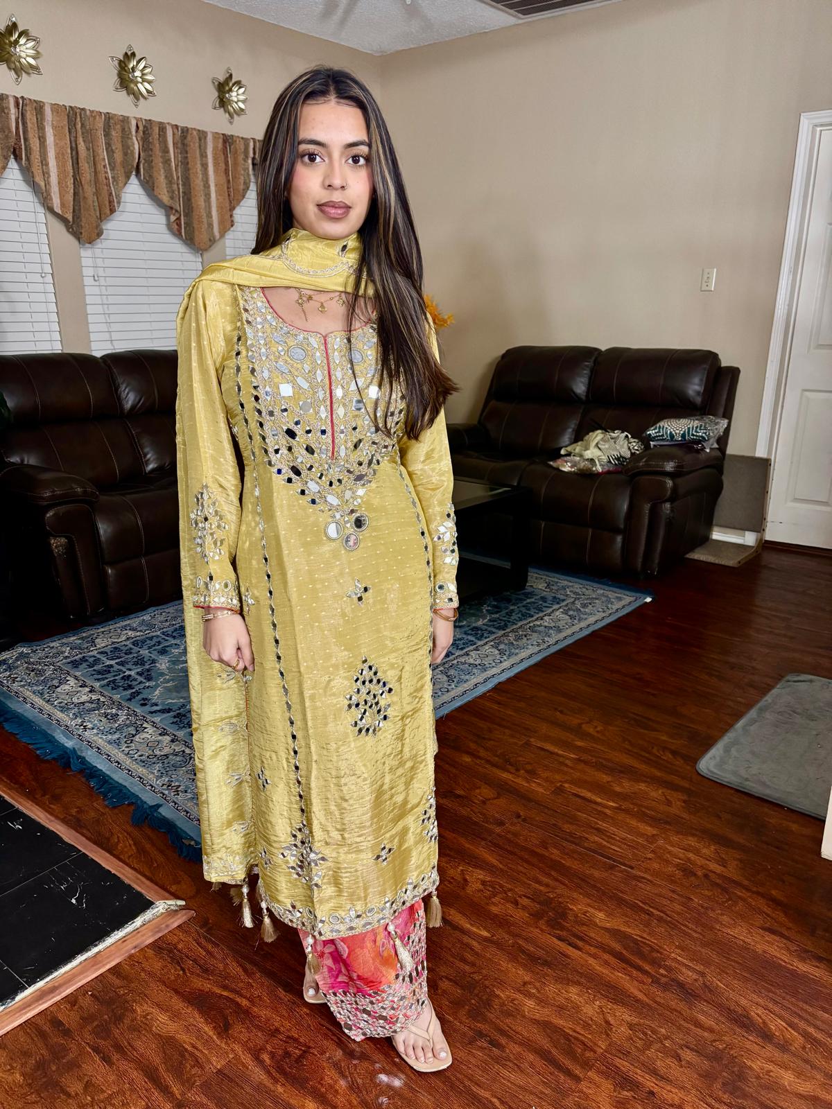 Golden Yellow Mirror Embellished Suit