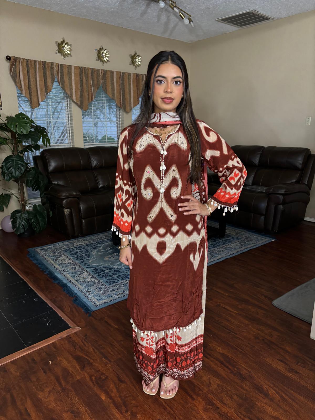Rust Ikat Print Embroidered Plazzo Suit