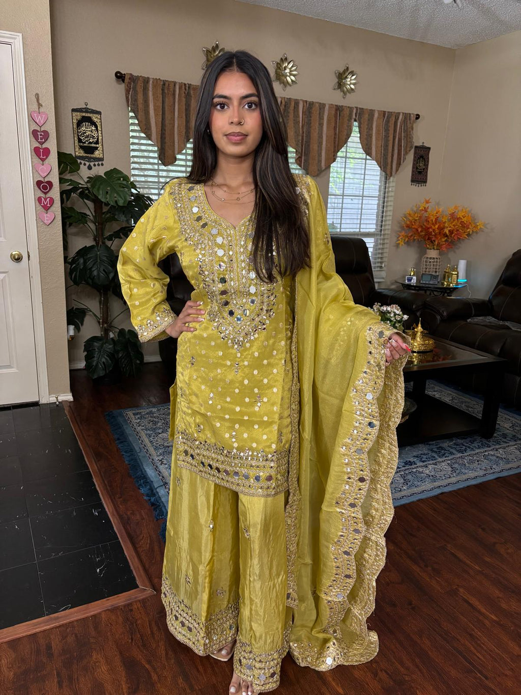 Chartreuse Mirror Embellished Sharara Set
