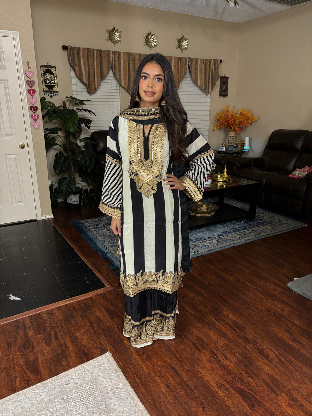 Black & Ivory Striped Embroidered Suit