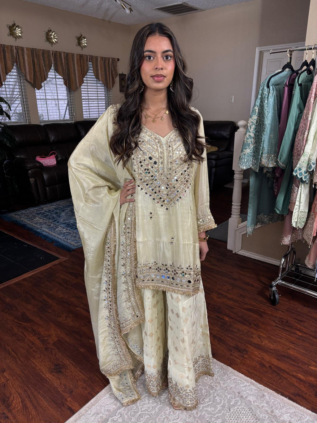 Pistachio Gold Mirror Embellished Sharara Set