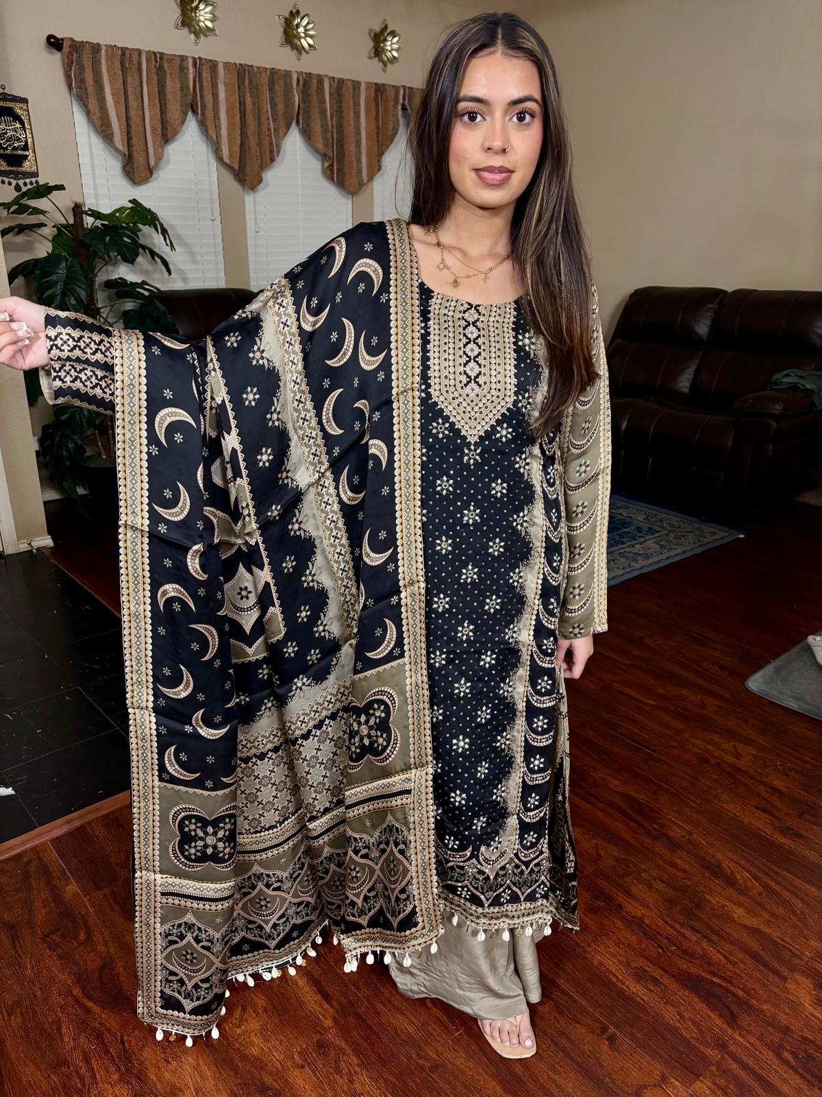 Black & Beige Ethnic Print A-Line Suit