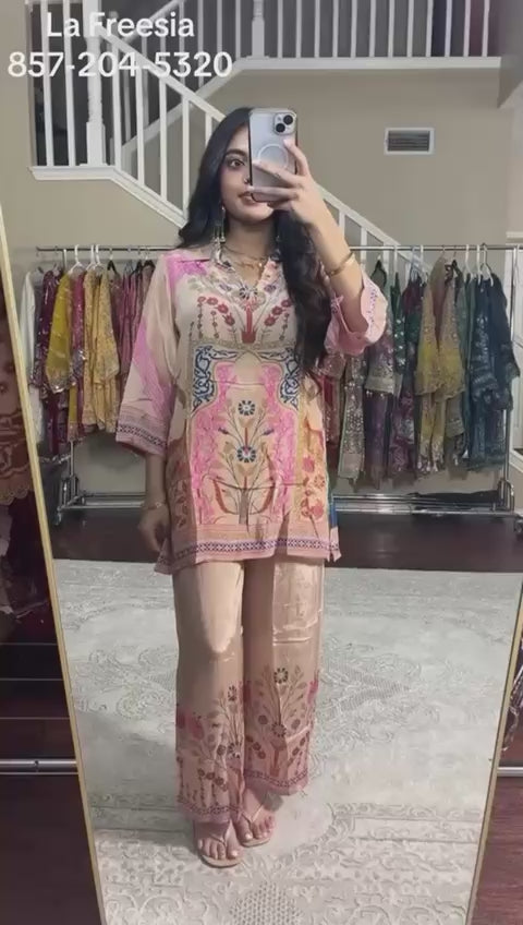 Peach Pink Botanical Printed 2-Piece Set